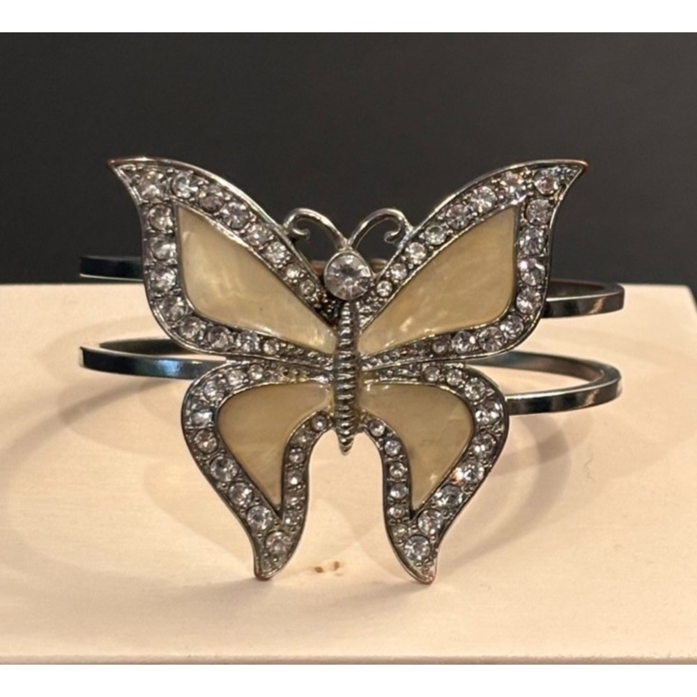 Vintage Silver Tone Butterfly Enamel & Rhinestone Clamper Bracelet sz 6.75 Fairy